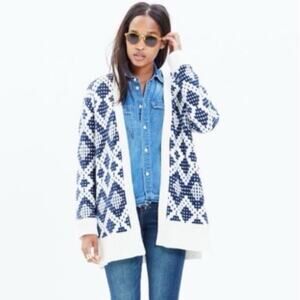 Madewell Contrast Fair Isle Oversized Cardigan Sweater Navy Ivory